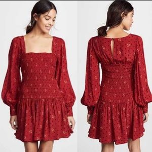 Free People red floral smocked mini dress/tunic XS